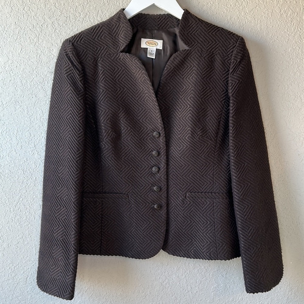 Talbots Brown 5 Button‎ Notched Collar Geometric Print Fully Lined Blazer Size 6